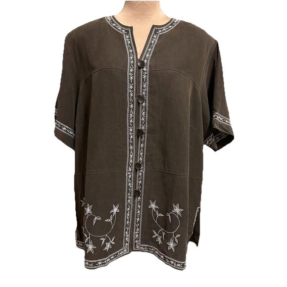 dressbarn Women Button Up Shirt Size 20W Brown Silk Linen Floral Embroidery Boho - Picture 1 of 13